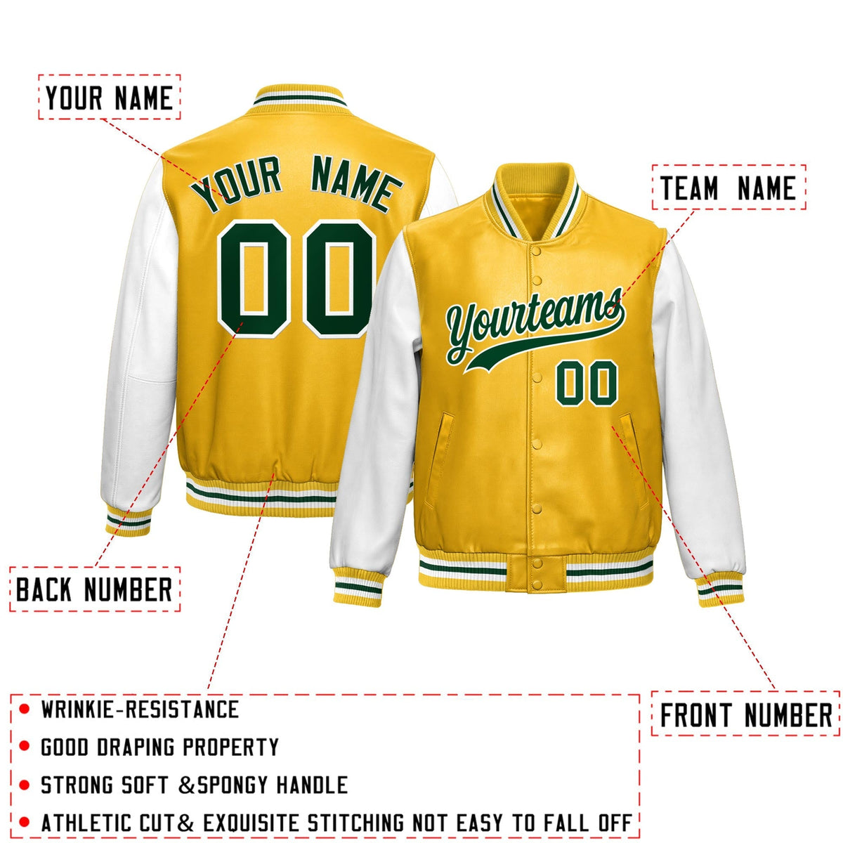 Custom Yellow White Raglan Sleeves Full-Snap Varsity Faux Leather Letterman Jacket| KXKSHOP