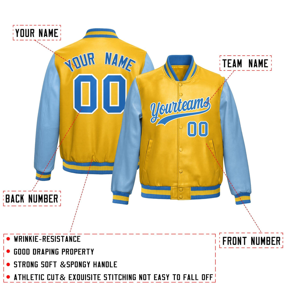 Custom Yellow Powder Blue Raglan Sleeves Full-Snap Varsity Faux Leather Letterman Jacket| KXKSHOP