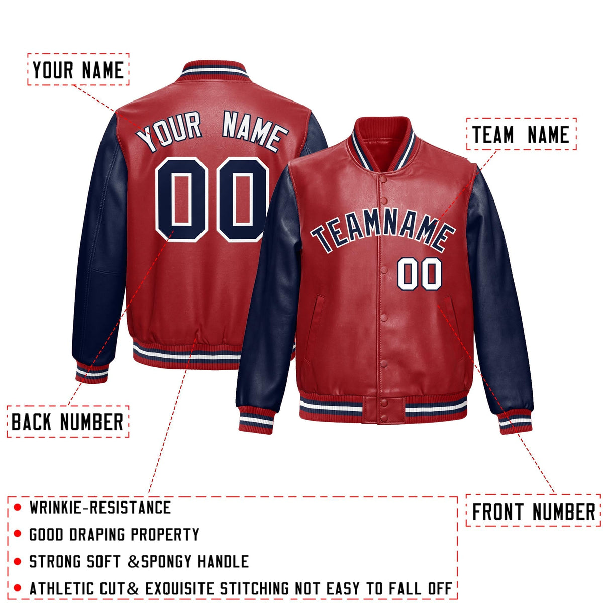 Custom Red Navy Raglan Sleeves Full-Snap Varsity Faux Leather Letterman Jacket| KXKSHOP