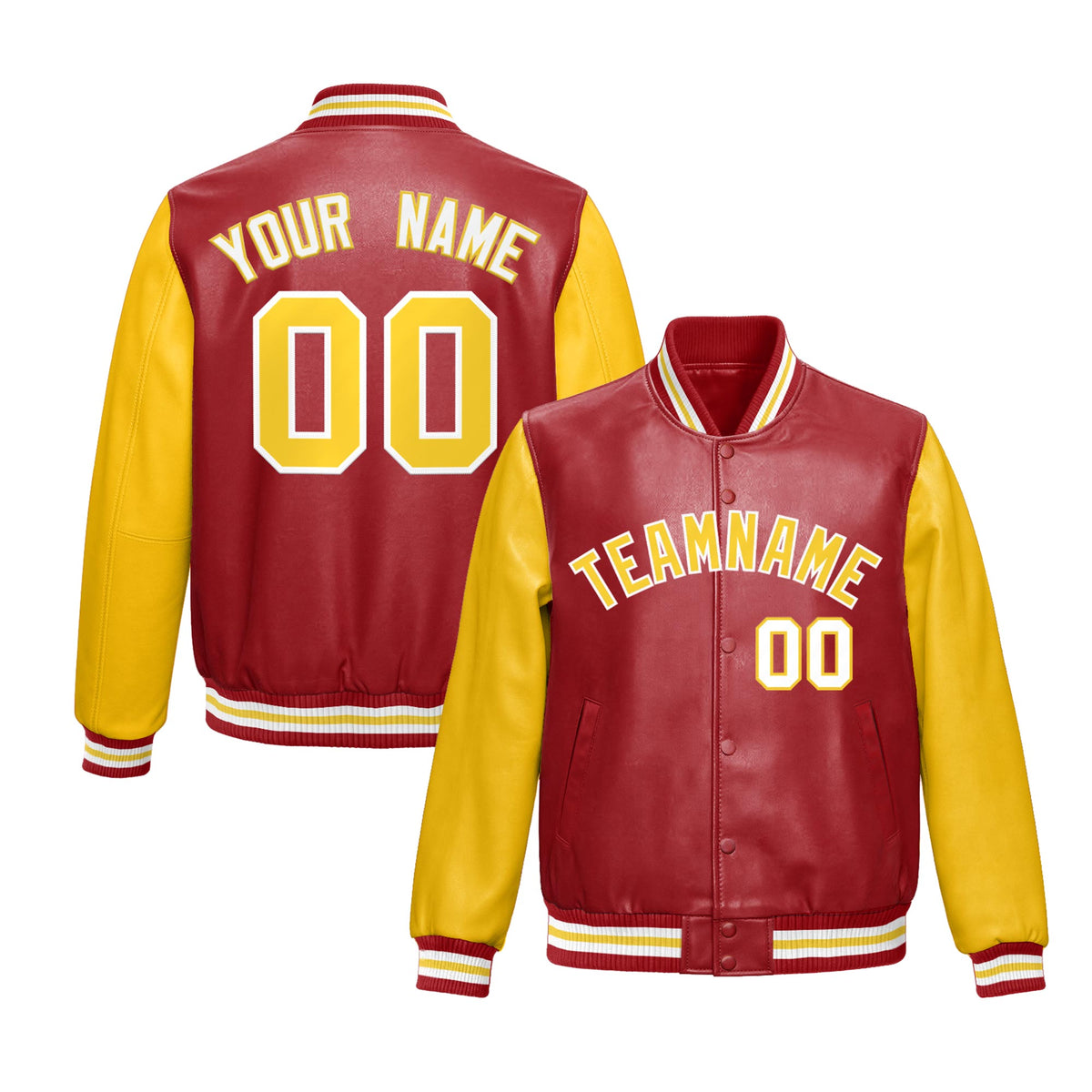 Custom Red Yellow Raglan Sleeves Full-Snap Varsity Faux Leather Letterman Jacket| KXKSHOP