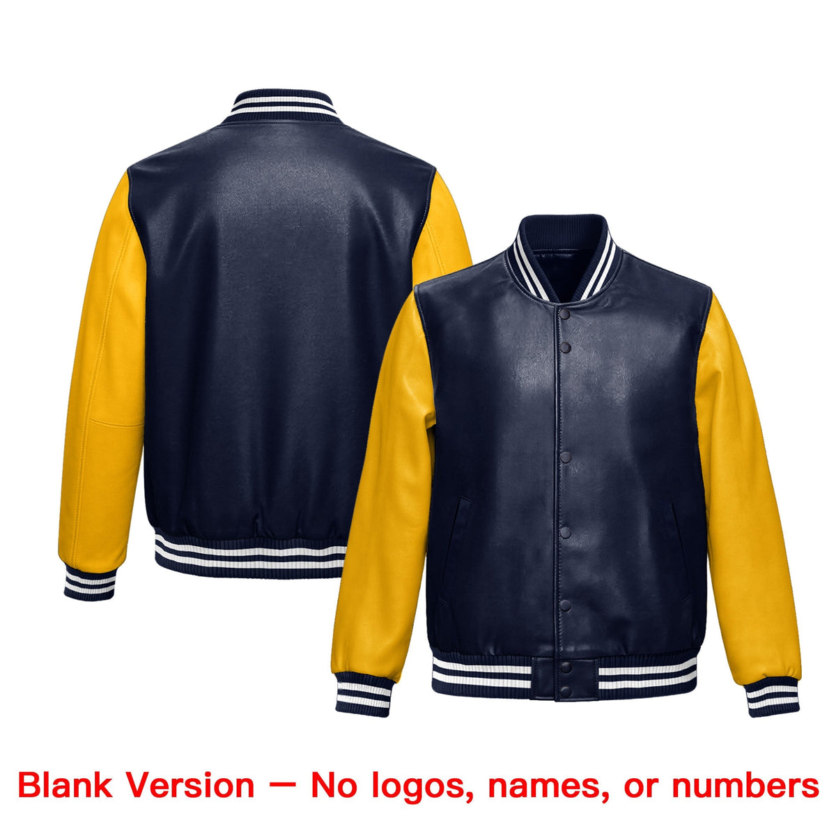 Custom Navy Yellow Raglan Sleeves Full-Snap Varsity Faux Leather Letterman Jacket| KXKSHOP
