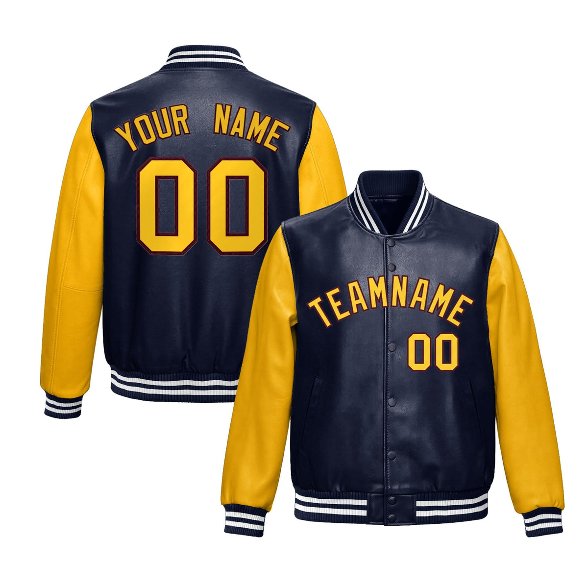 Custom Navy Yellow Raglan Sleeves Full-Snap Varsity Faux Leather Letterman Jacket| KXKSHOP