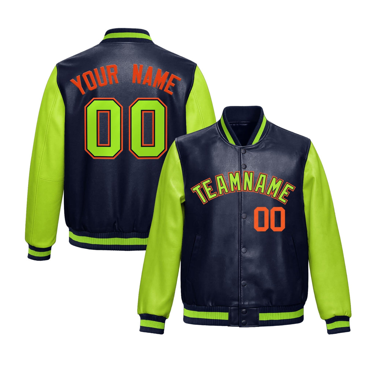 Custom Neon Green Navy Raglan Sleeves Full-Snap Varsity Faux Leather Letterman Jacket| KXKSHOP