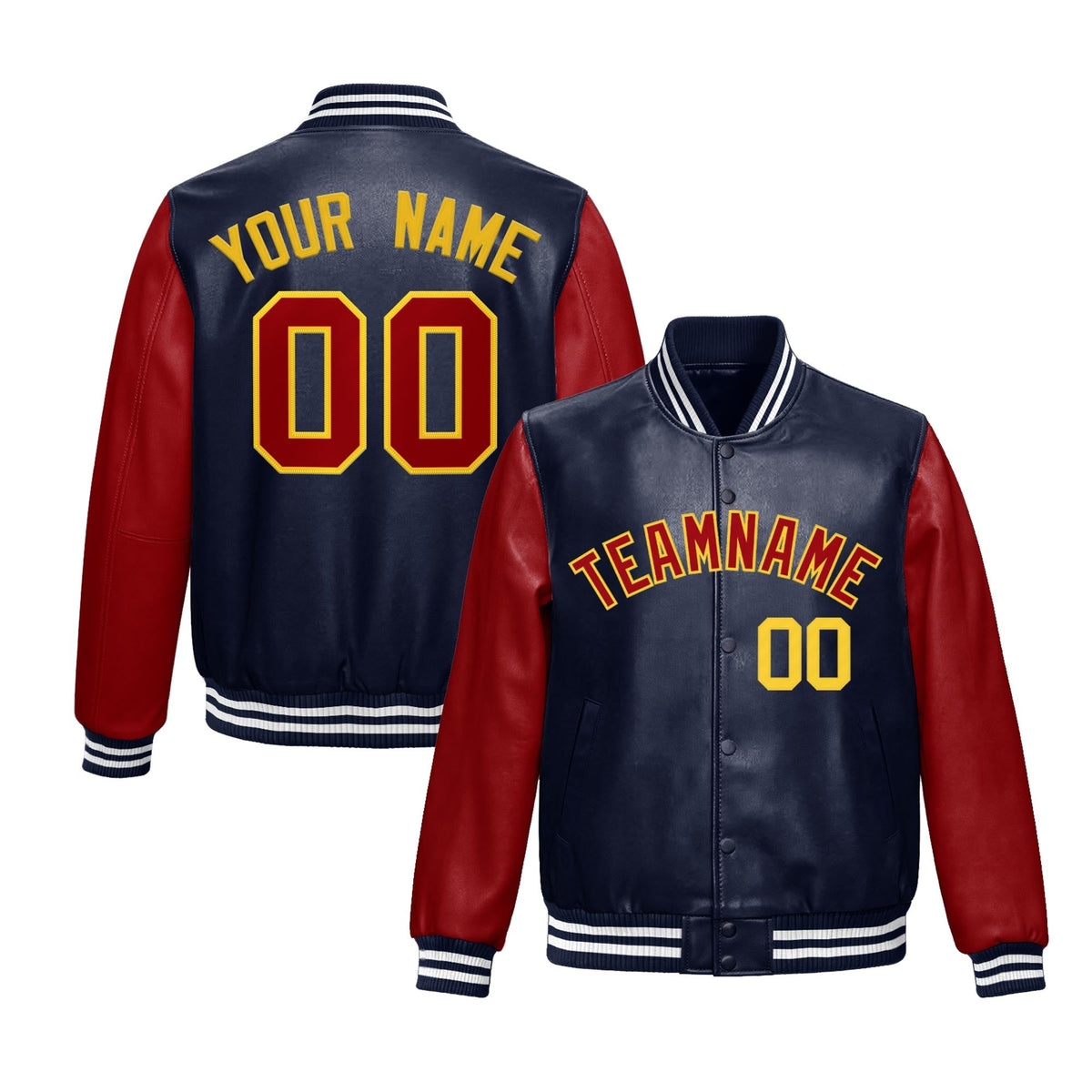 Custom Navy Red Gold Raglan Sleeves Full-Snap Varsity Faux Leather Letterman Jacket| KXKSHOP