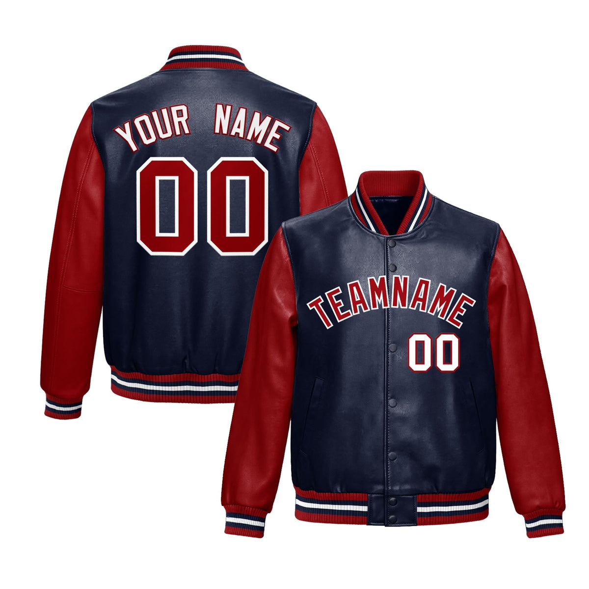 Custom Navy Red Raglan Sleeves Full-Snap Varsity Faux Leather Letterman Jacket| KXKSHOP