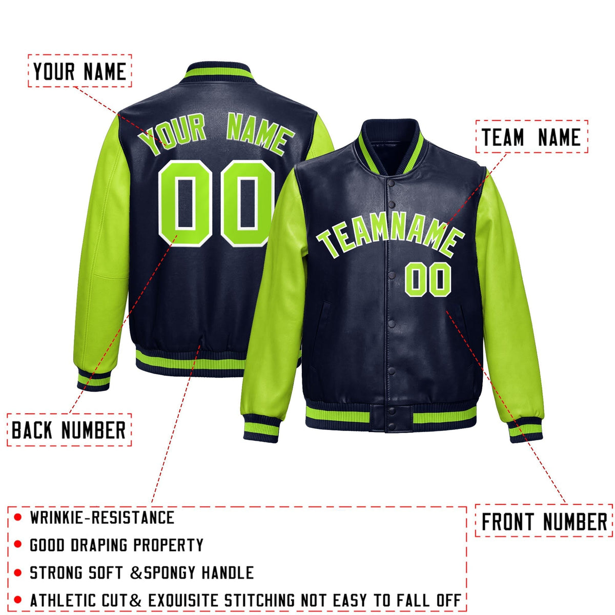 Custom Navy Neon Green Raglan Sleeves Full-Snap Varsity Faux Leather Letterman Jacket| KXKSHOP