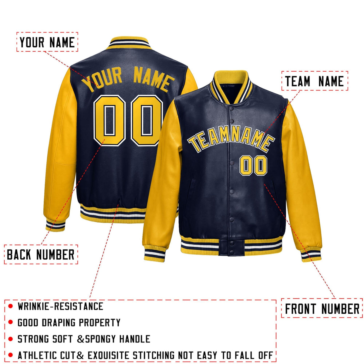 Custom Navy Yellow White Raglan Sleeves Full-Snap Varsity Faux Leather Letterman Jacket| KXKSHOP