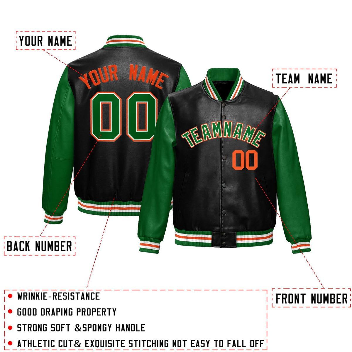 Custom Black Kelly Green Raglan Sleeves Full-Snap Varsity Faux Leather Letterman Jacket| KXKSHOP