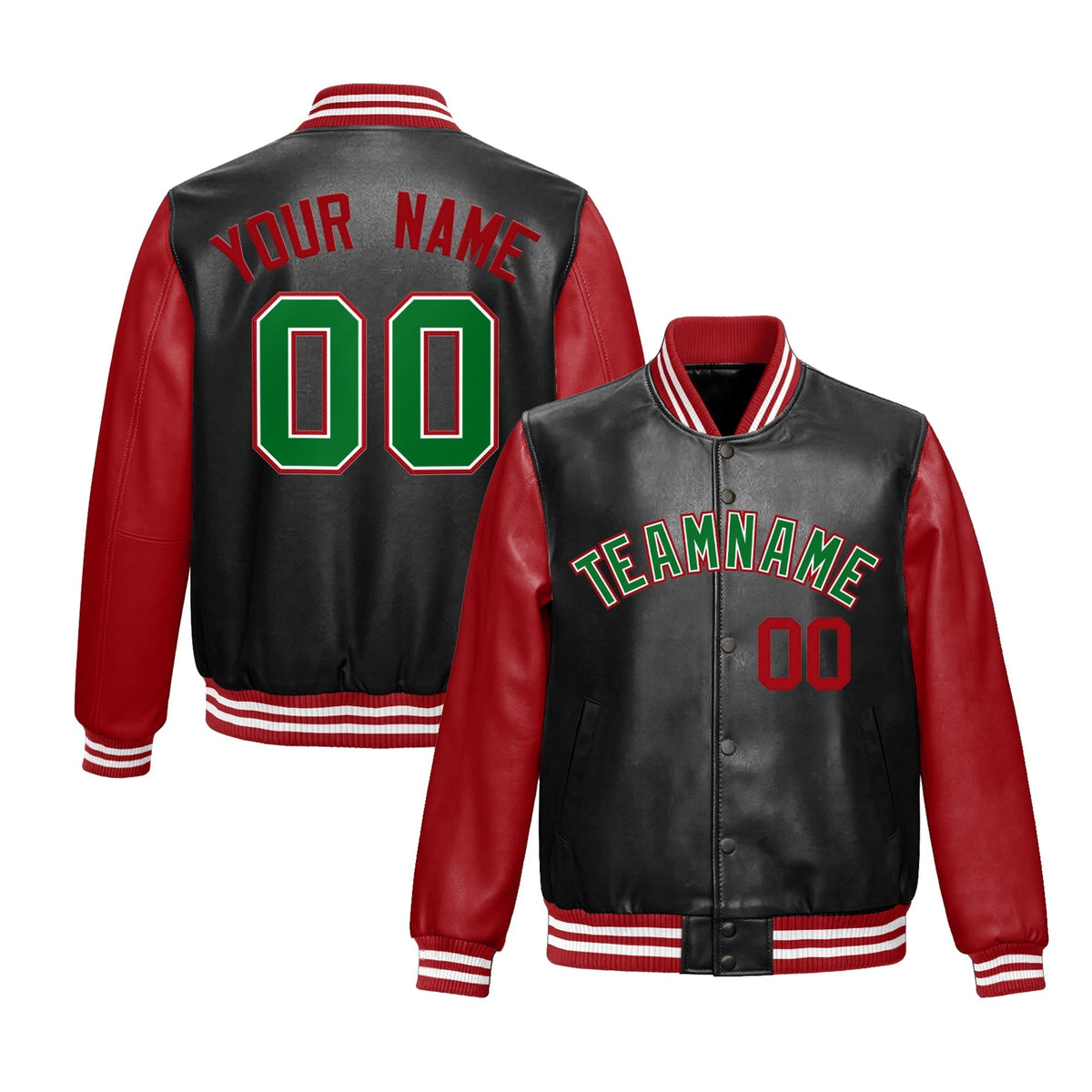 Custom Black Red Kelly Green Raglan Sleeves Full-Snap Varsity Faux Leather Letterman Jacket| KXKSHOP