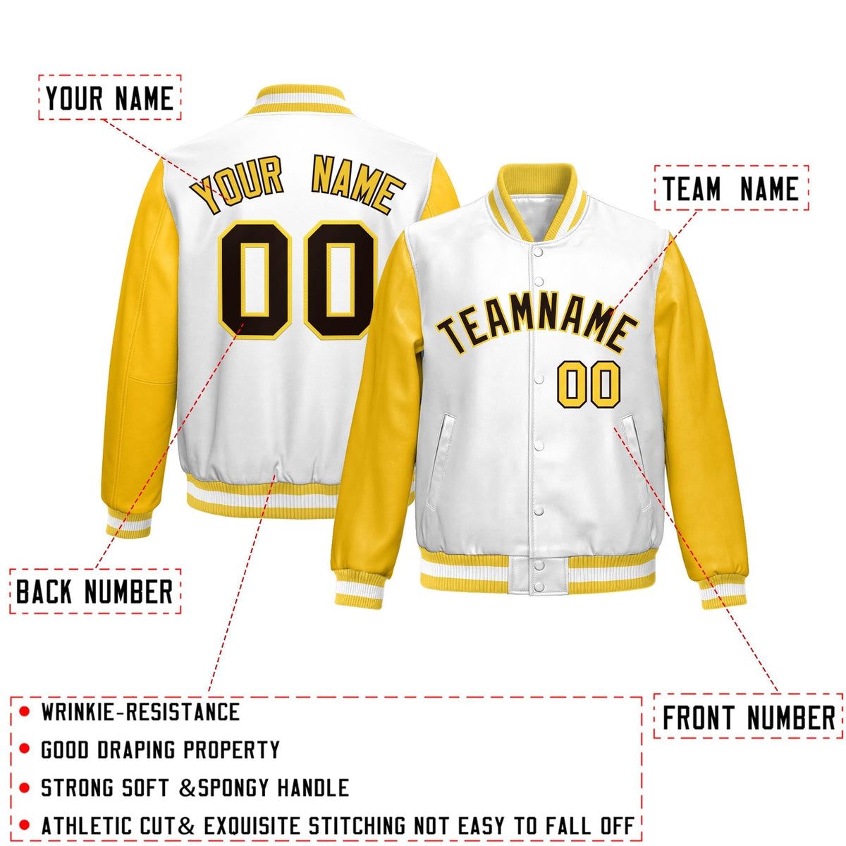 Custom White Yellow Raglan Sleeves Full-Snap Varsity Faux Leather Letterman Jacket| KXKSHOP