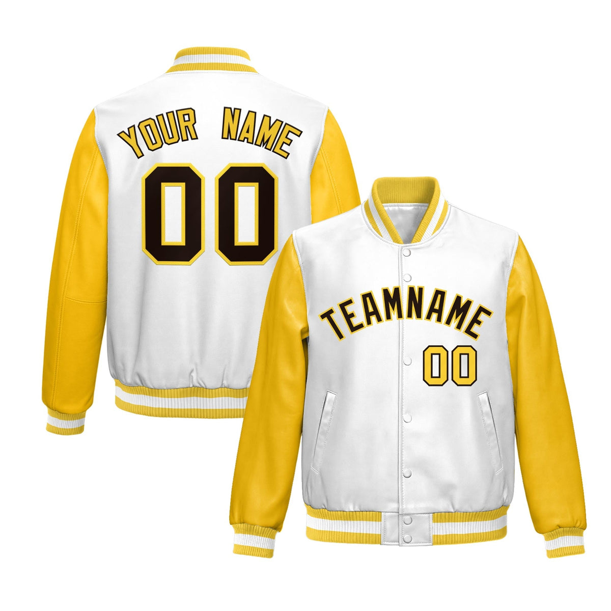 Custom White Yellow Raglan Sleeves Full-Snap Varsity Faux Leather Letterman Jacket| KXKSHOP