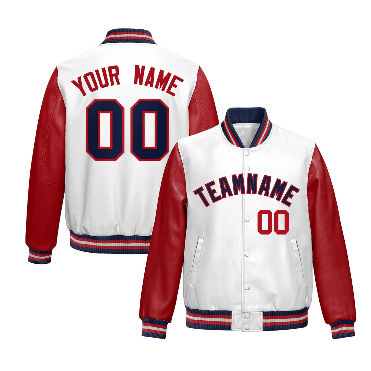Custom White Red Navy Raglan Sleeves Full-Snap Varsity Faux Leather Letterman Jacket| KXKSHOP