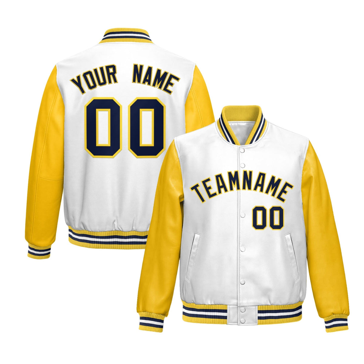 Custom White Yellow Navy Raglan Sleeves Full-Snap Varsity Faux Leather Letterman Jacket| KXKSHOP