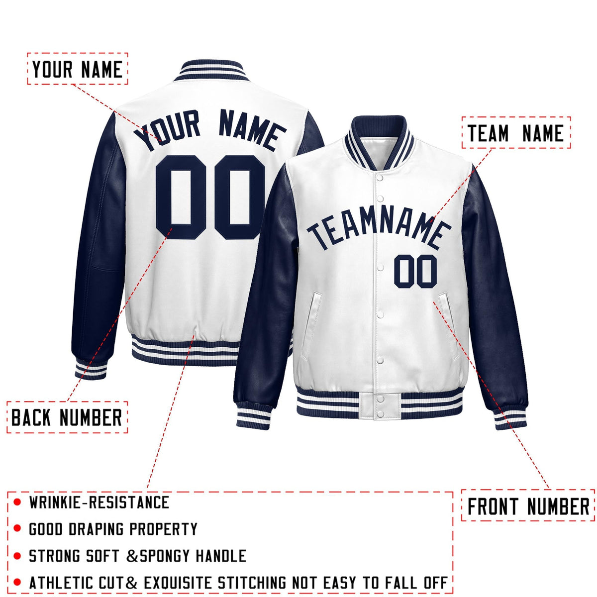 Custom Navy White Raglan Sleeves Full-Snap Varsity Faux Leather Letterman Jacket| KXKSHOP