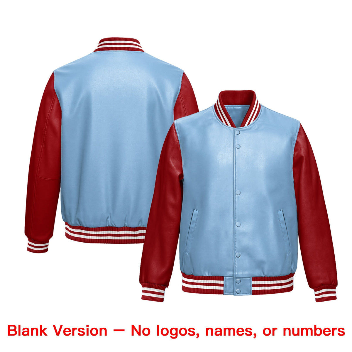 Custom Powder Blue Red Raglan Sleeves Full-Snap Varsity Faux Leather Letterman Jacket| KXKSHOP