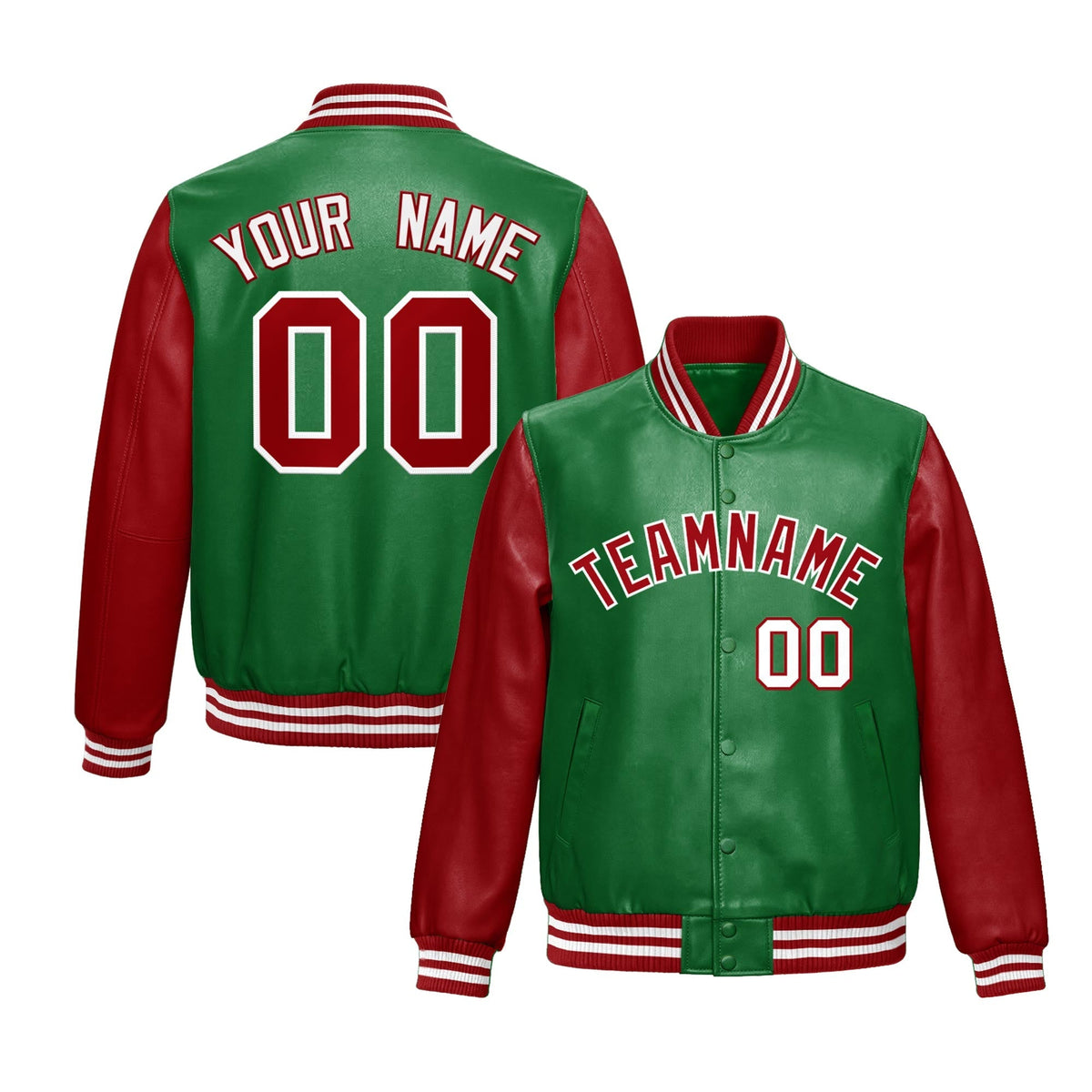 Custom Kelly Green Red Raglan Sleeves Full-Snap Varsity Faux Leather Letterman Jacket| KXKSHOP