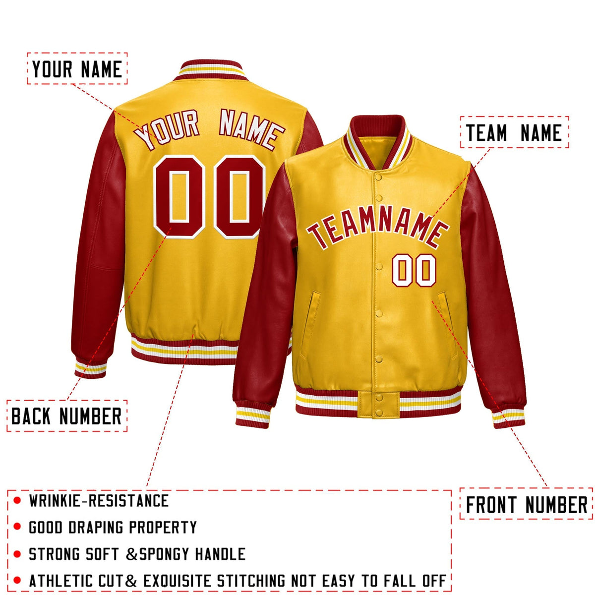 Custom Yellow Red Raglan Sleeves Full-Snap Varsity Faux Leather Letterman Jacket| KXKSHOP