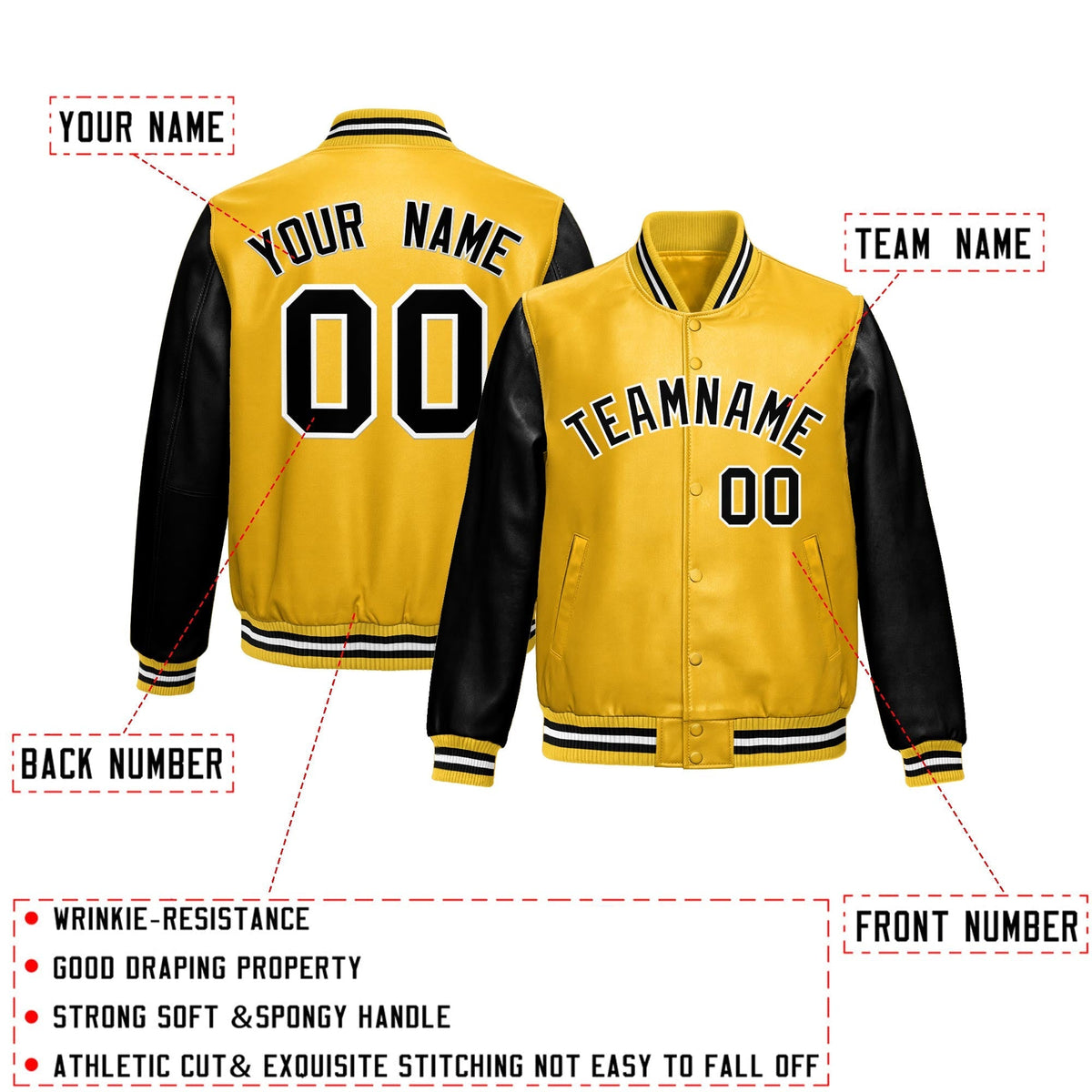 Custom Yellow Black Raglan Sleeves Full-Snap Varsity Faux Leather Letterman Jacket| KXKSHOP