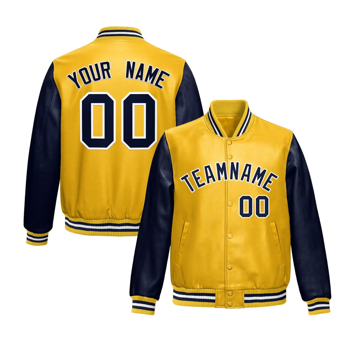 Custom Yellow Navy Raglan Sleeves Full-Snap Varsity Faux Leather Letterman Jacket| KXKSHOP