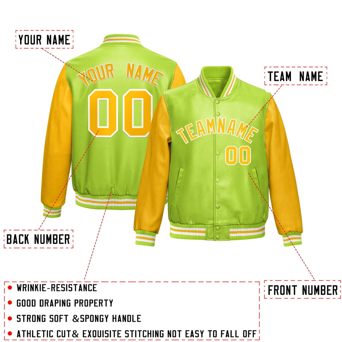 Custom Neon Green Yellow Raglan Sleeves Full-Snap Varsity Faux Leather Letterman Jacket| KXKSHOP