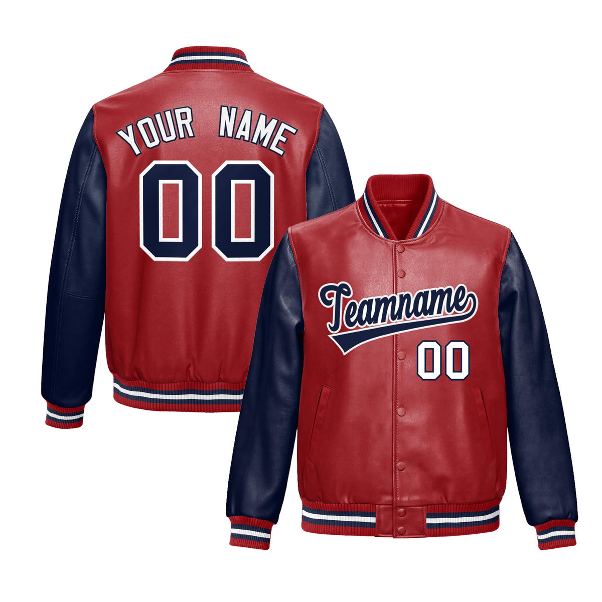 Custom Red Navy Raglan Sleeves Full-Snap Varsity Faux Leather Letterman Jacket| KXKSHOP