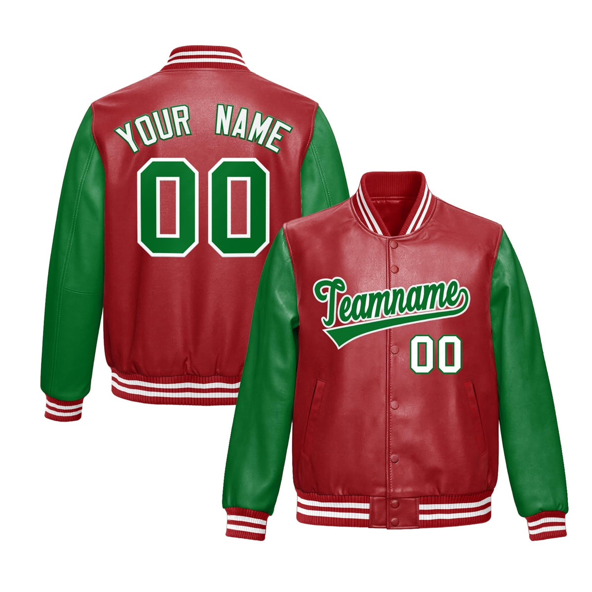 Custom Red Kelly Green Raglan Sleeves Full-Snap Varsity Faux Leather Letterman Jacket| KXKSHOP
