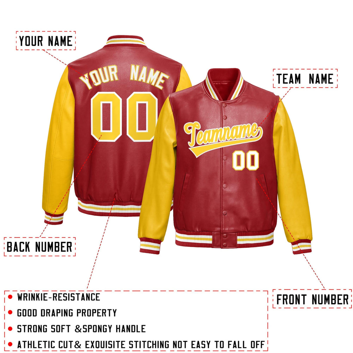 Custom Red Yellow Raglan Sleeves Full-Snap Varsity Faux Leather Letterman Jacket| KXKSHOP
