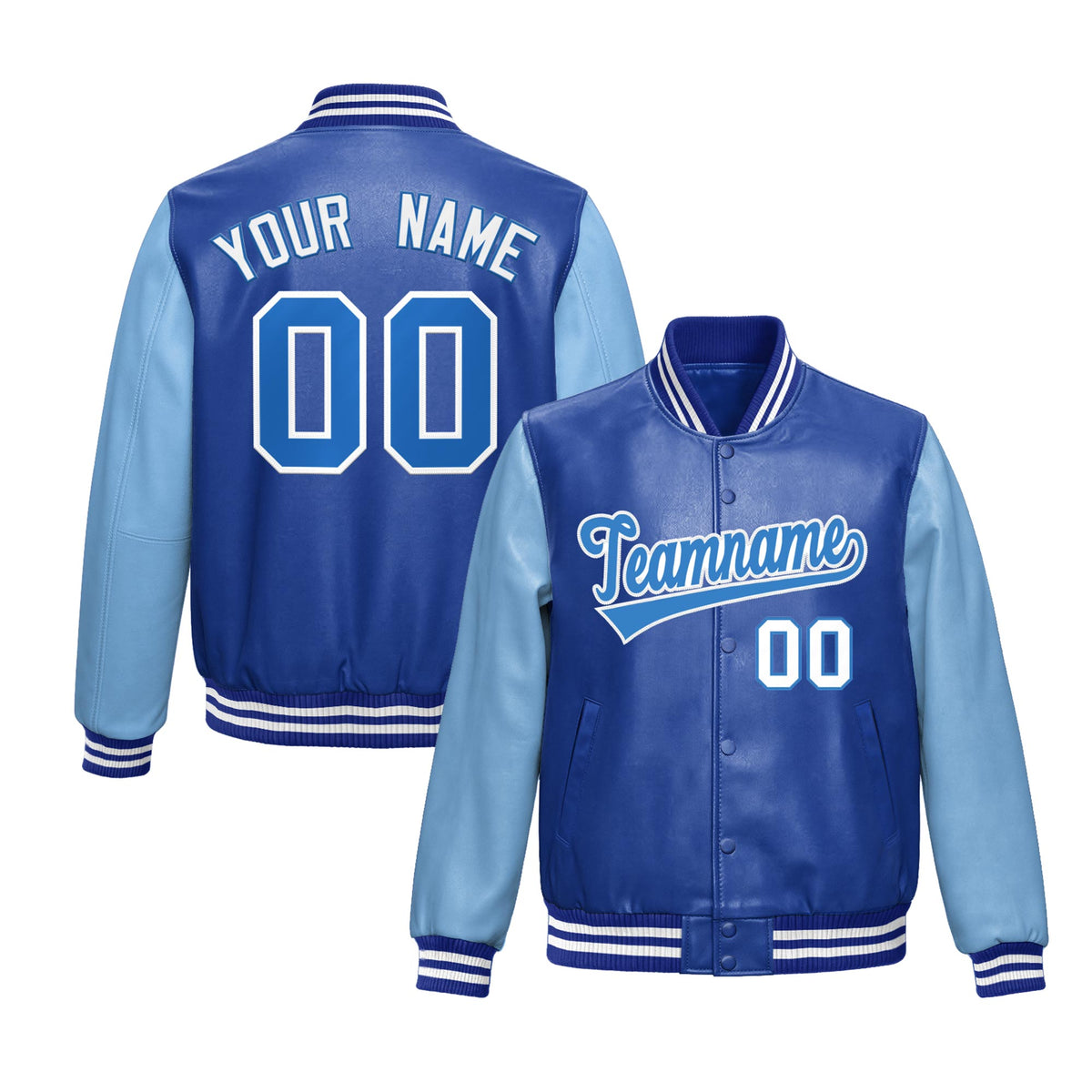 Custom Royal Blue Powder Blue Raglan Sleeves Full-Snap Varsity Faux Leather Letterman Jacket| KXKSHOP