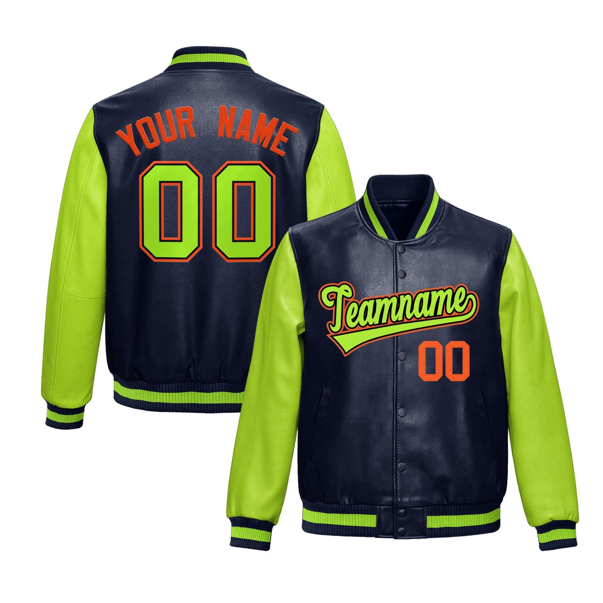 Custom Neon Green Navy Raglan Sleeves Full-Snap Varsity Faux Leather Letterman Jacket| KXKSHOP