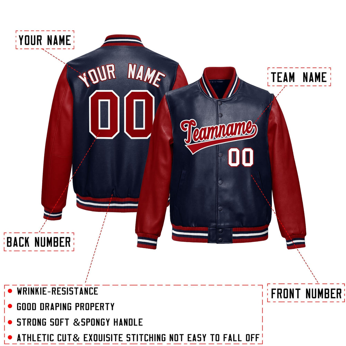 Custom Navy Red Raglan Sleeves Full-Snap Varsity Faux Leather Letterman Jacket| KXKSHOP