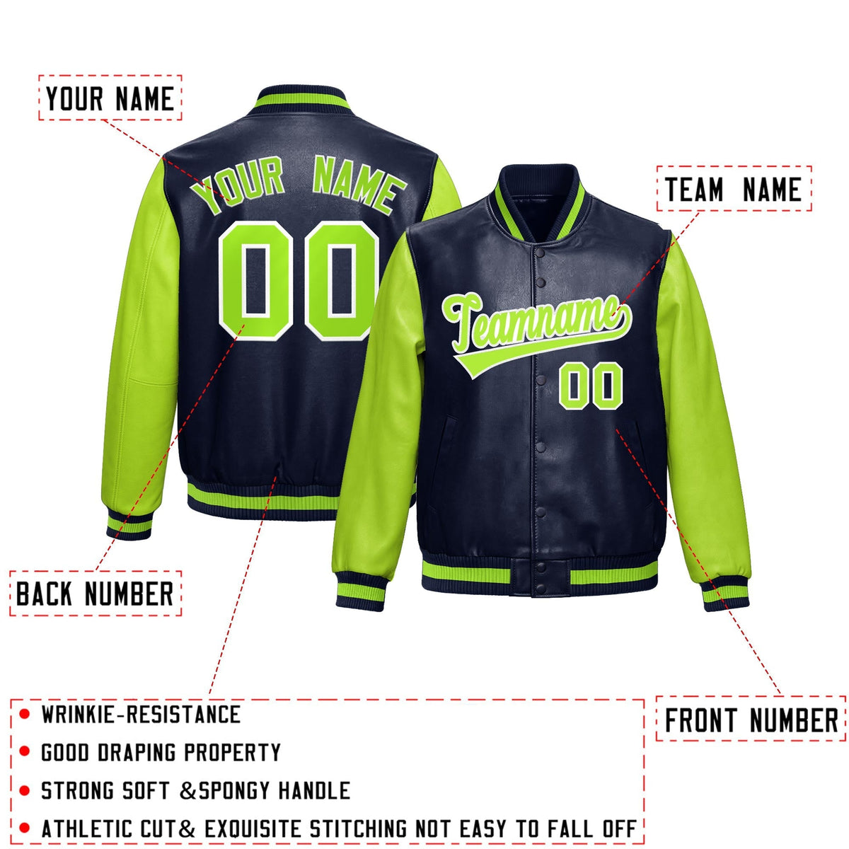 Custom Navy Neon Green Raglan Sleeves Full-Snap Varsity Faux Leather Letterman Jacket| KXKSHOP
