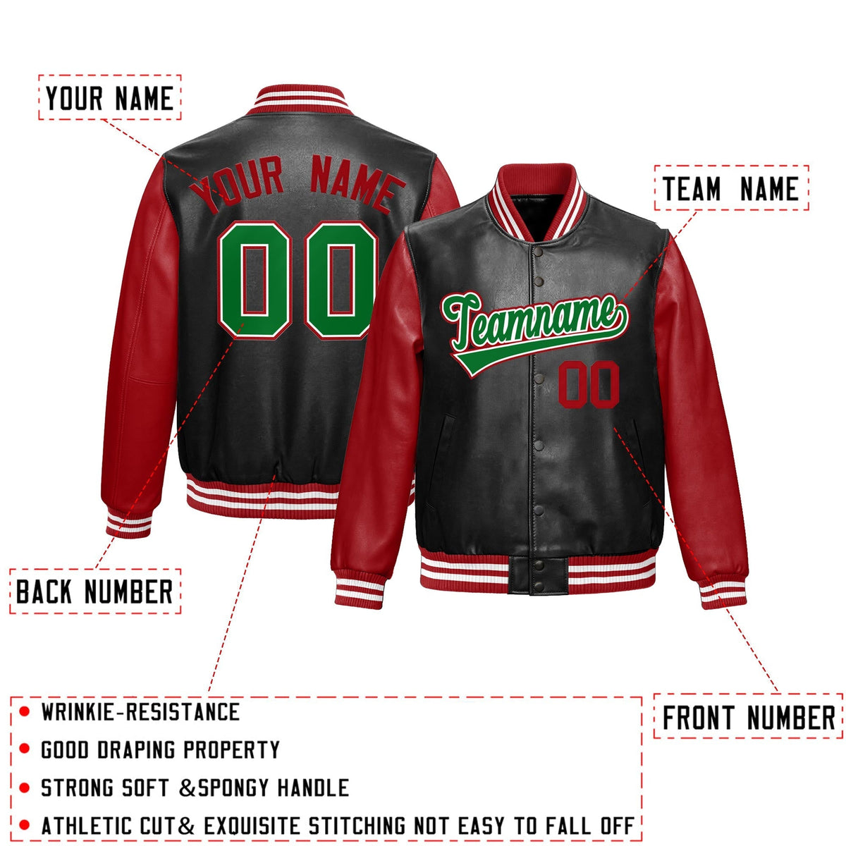 Custom Black Red Kelly Green Raglan Sleeves Full-Snap Varsity Faux Leather Letterman Jacket| KXKSHOP