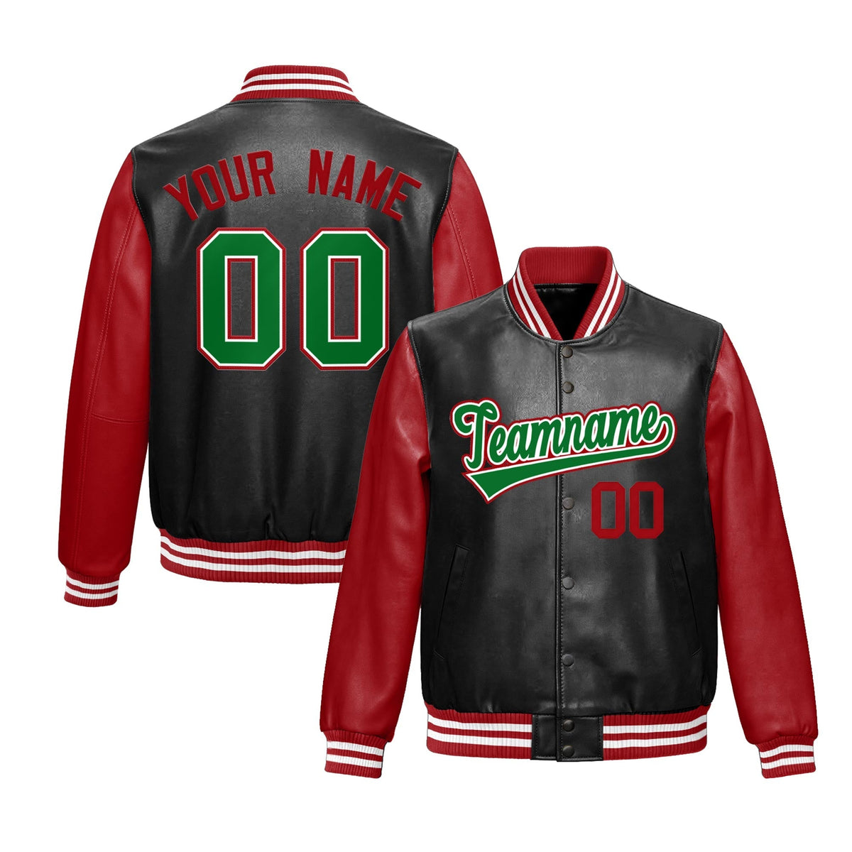 Custom Black Red Kelly Green Raglan Sleeves Full-Snap Varsity Faux Leather Letterman Jacket| KXKSHOP