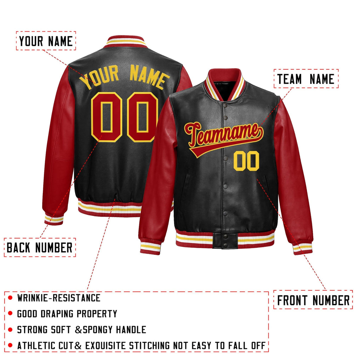 Custom Black Red Gold Raglan Sleeves Full-Snap Varsity Faux Leather Letterman Jacket| KXKSHOP