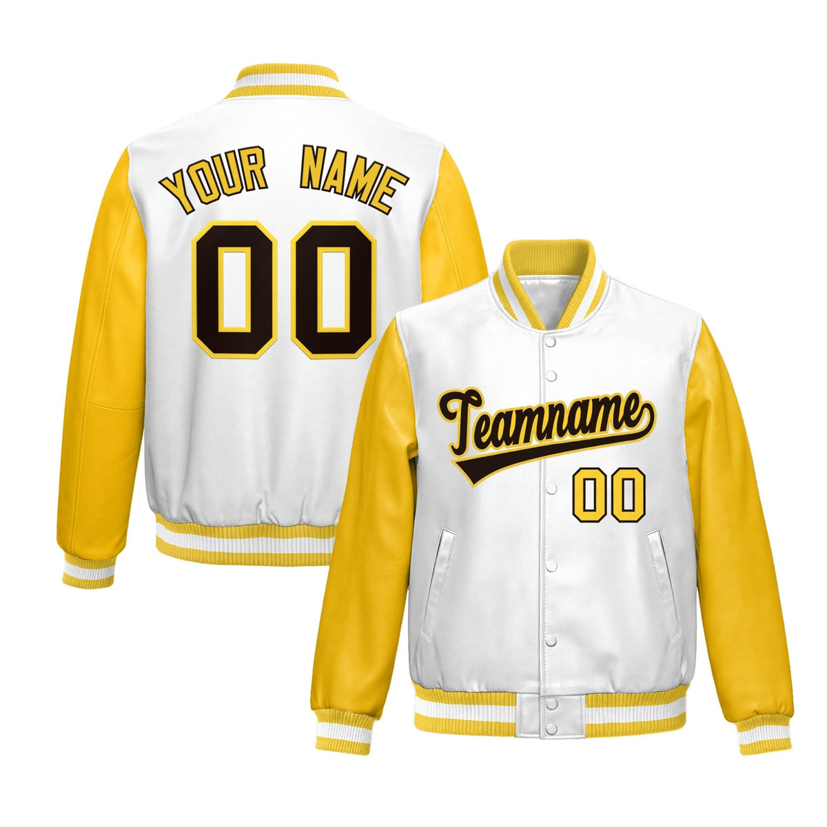 Custom White Yellow Raglan Sleeves Full-Snap Varsity Faux Leather Letterman Jacket| KXKSHOP