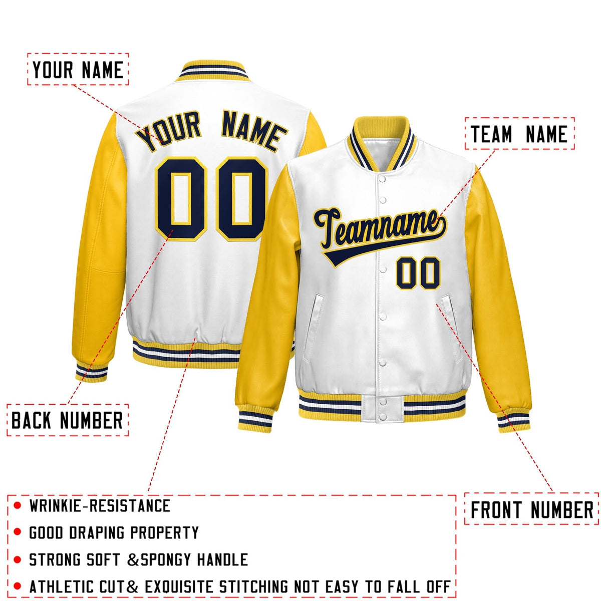 Custom White Yellow Navy Raglan Sleeves Full-Snap Varsity Faux Leather Letterman Jacket| KXKSHOP