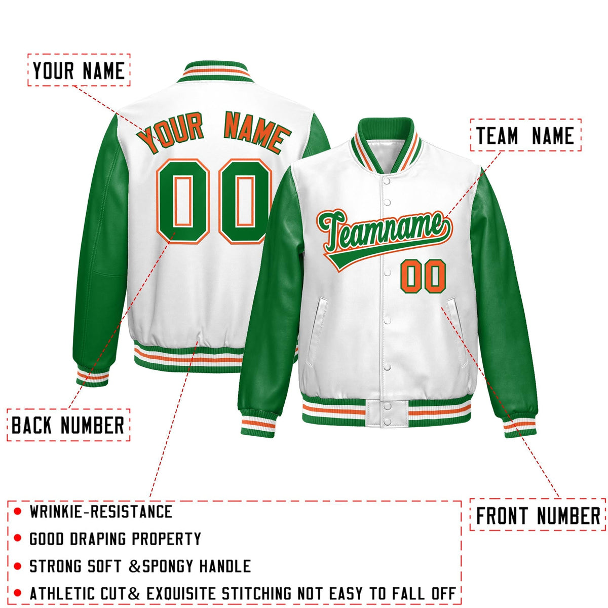 Custom White Kelly Green Raglan Sleeves Full-Snap Varsity Faux Leather Letterman Jacket| KXKSHOP