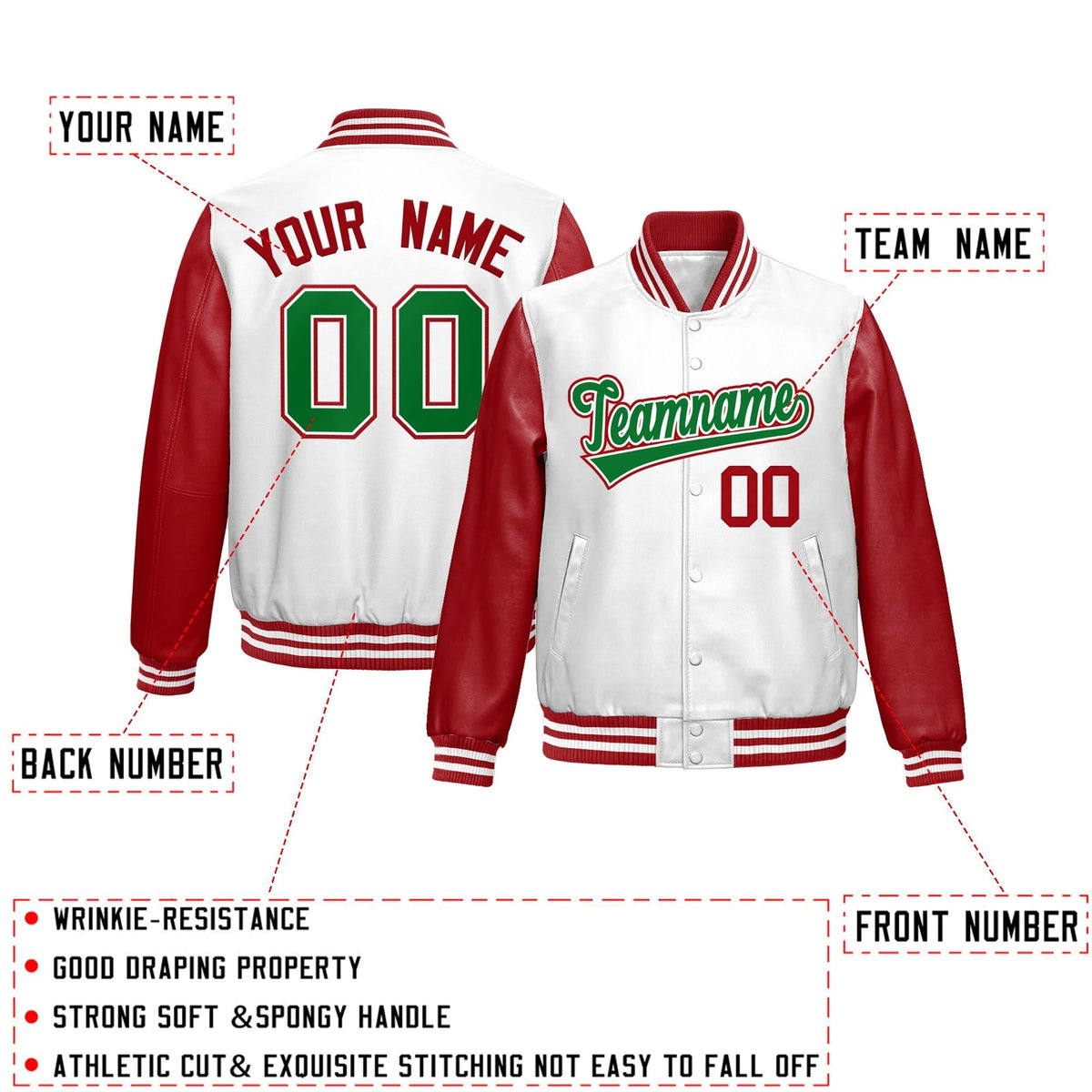 Custom White Red Kelly Green Raglan Sleeves Full-Snap Varsity Faux Leather Letterman Jacket| KXKSHOP