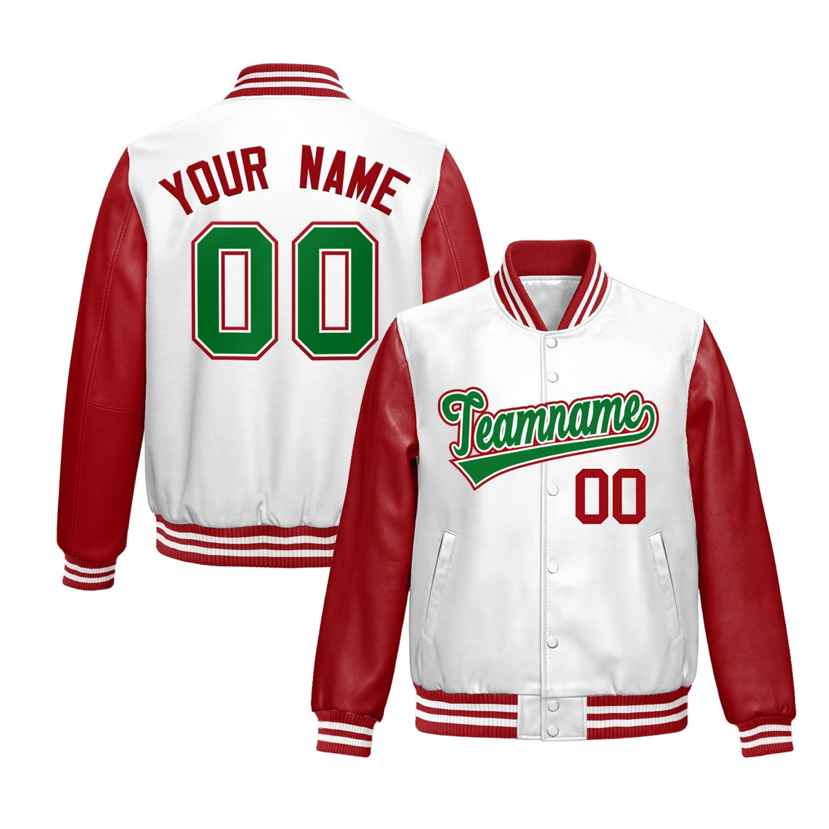 Custom White Red Kelly Green Raglan Sleeves Full-Snap Varsity Faux Leather Letterman Jacket| KXKSHOP