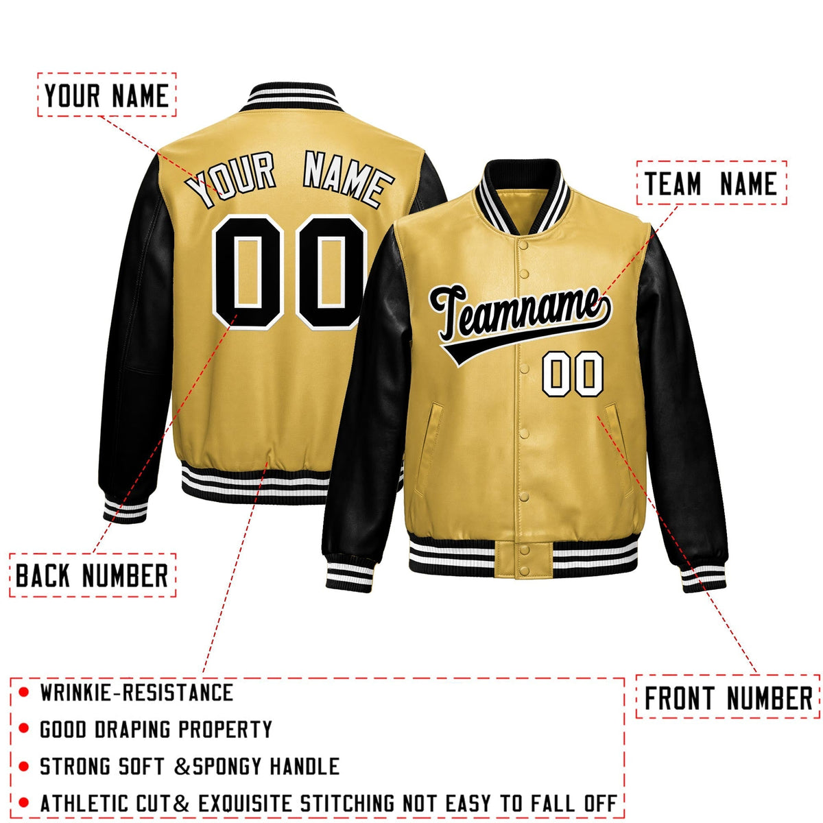 Custom Khaki Black Raglan Sleeves Full-Snap Varsity Faux Leather Letterman Jacket| KXKSHOP