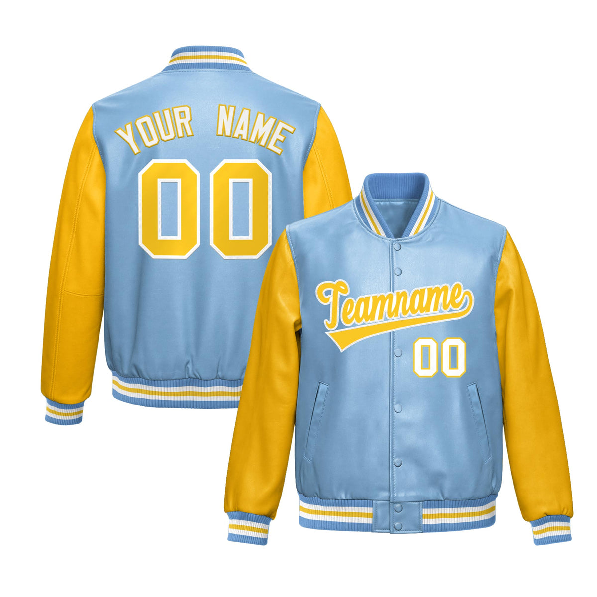 Custom Powder Blue Yellow Raglan Sleeves Full-Snap Varsity Faux Leather Letterman Jacket| KXKSHOP