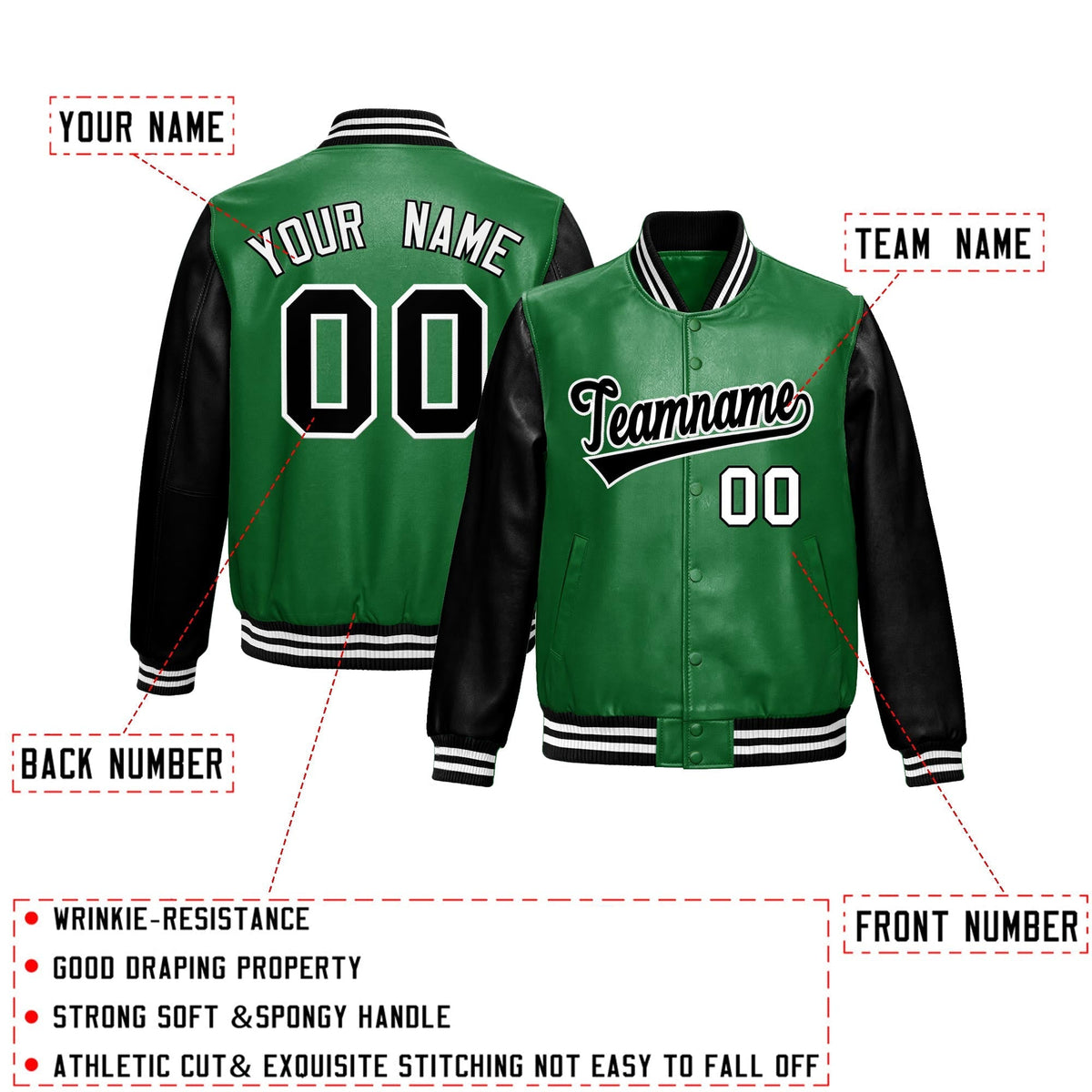 Custom Kelly Green Black Raglan Sleeves Full-Snap Varsity Faux Leather Letterman Jacket| KXKSHOP