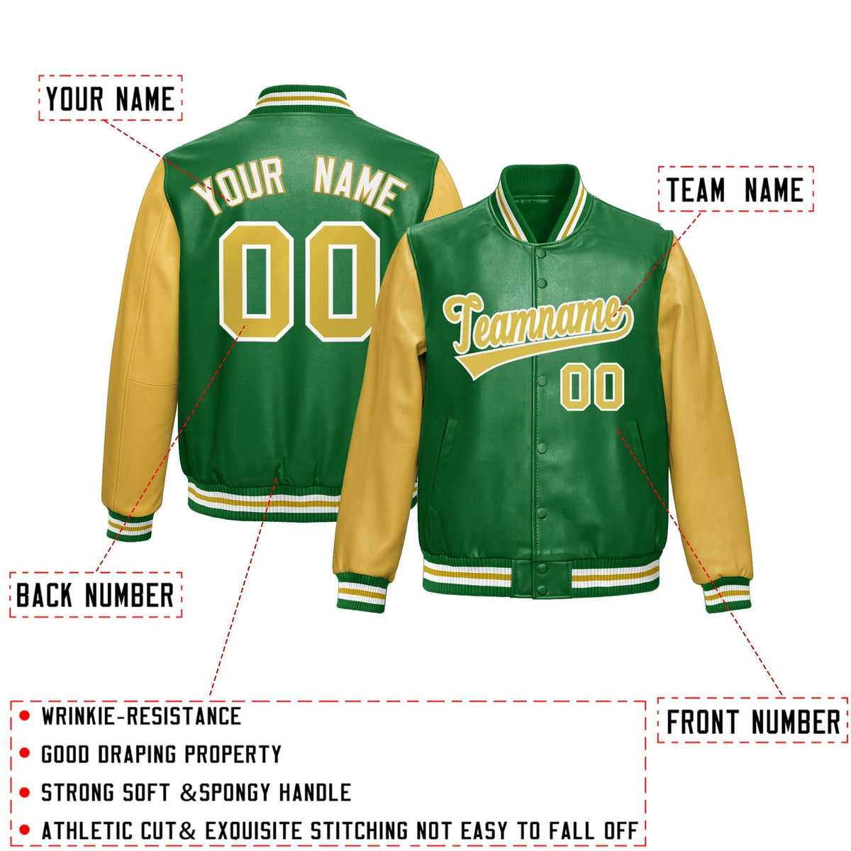 Custom Kelly Green Khaki Raglan Sleeves Full-Snap Varsity Faux Leather Letterman Jacket| KXKSHOP