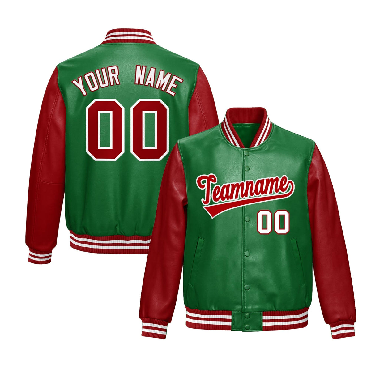 Custom Kelly Green Red Raglan Sleeves Full-Snap Varsity Faux Leather Letterman Jacket| KXKSHOP