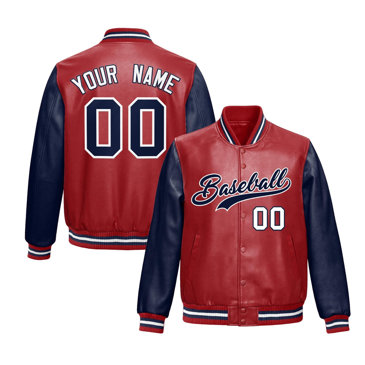Custom Red Navy Raglan Sleeves Full-Snap Varsity Faux Leather Letterman Jacket| KXKSHOP