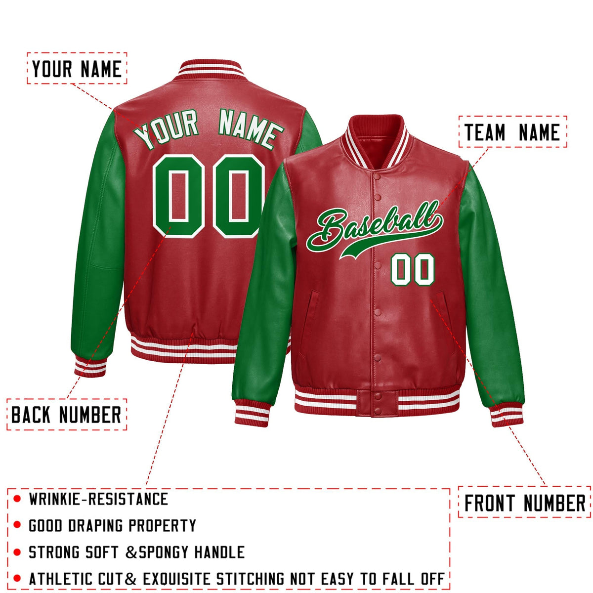Custom Red Kelly Green Raglan Sleeves Full-Snap Varsity Faux Leather Letterman Jacket| KXKSHOP