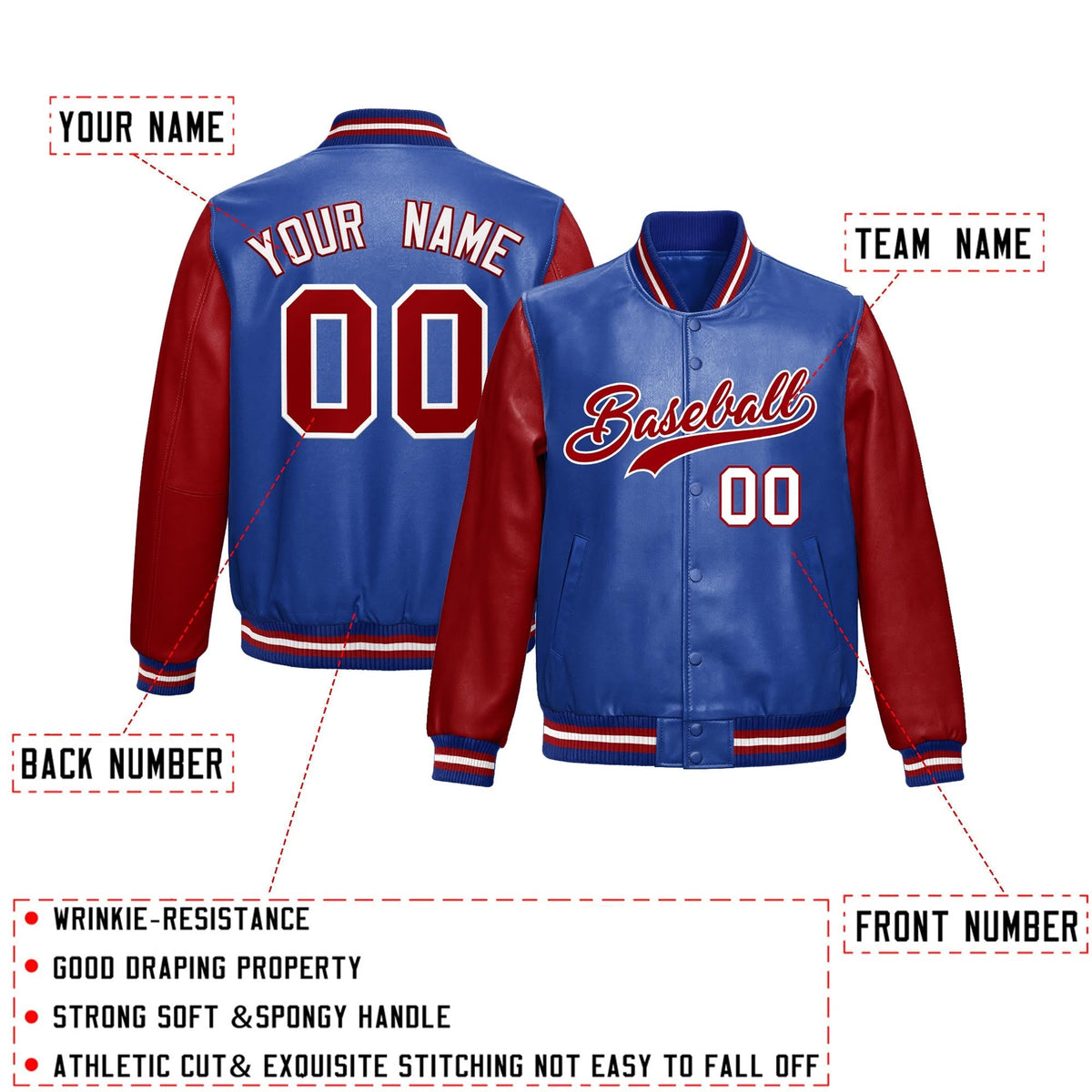 Custom Royal Blue Red Raglan Sleeves Full-Snap Varsity Faux Leather Letterman Jacket| KXKSHOP