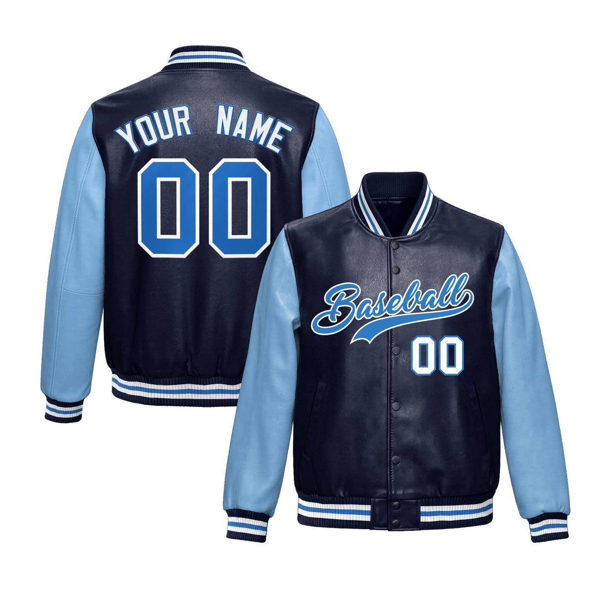 Custom Navy Powder Blue Raglan Sleeves Full-Snap Varsity Faux Leather Letterman Jacket| KXKSHOP