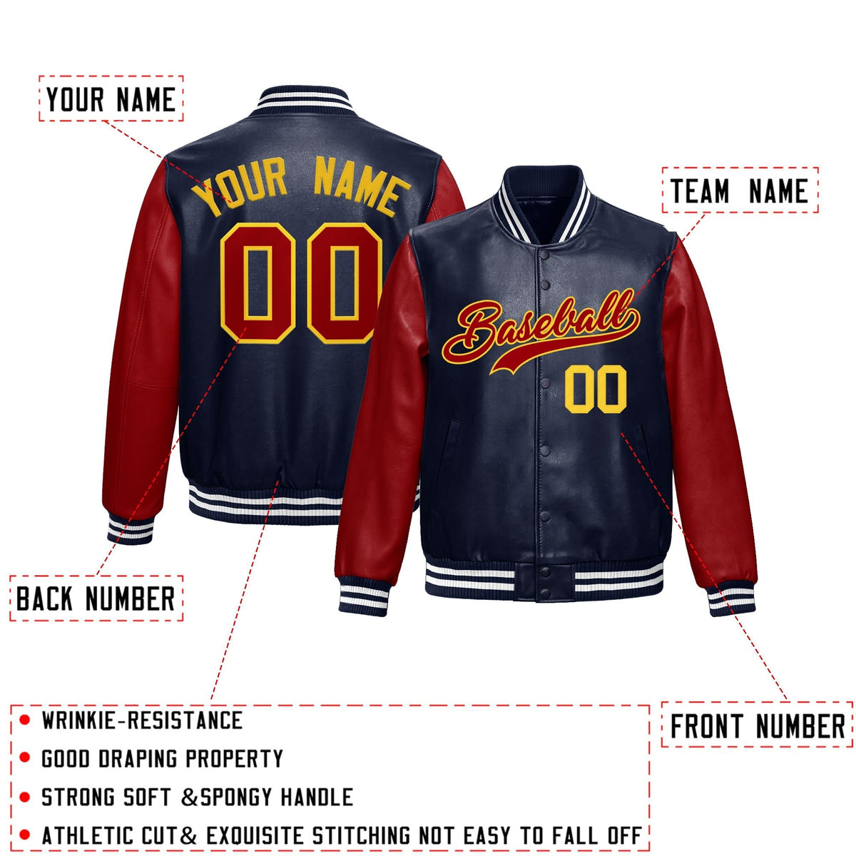 Custom Navy Red Gold Raglan Sleeves Full-Snap Varsity Faux Leather Letterman Jacket| KXKSHOP