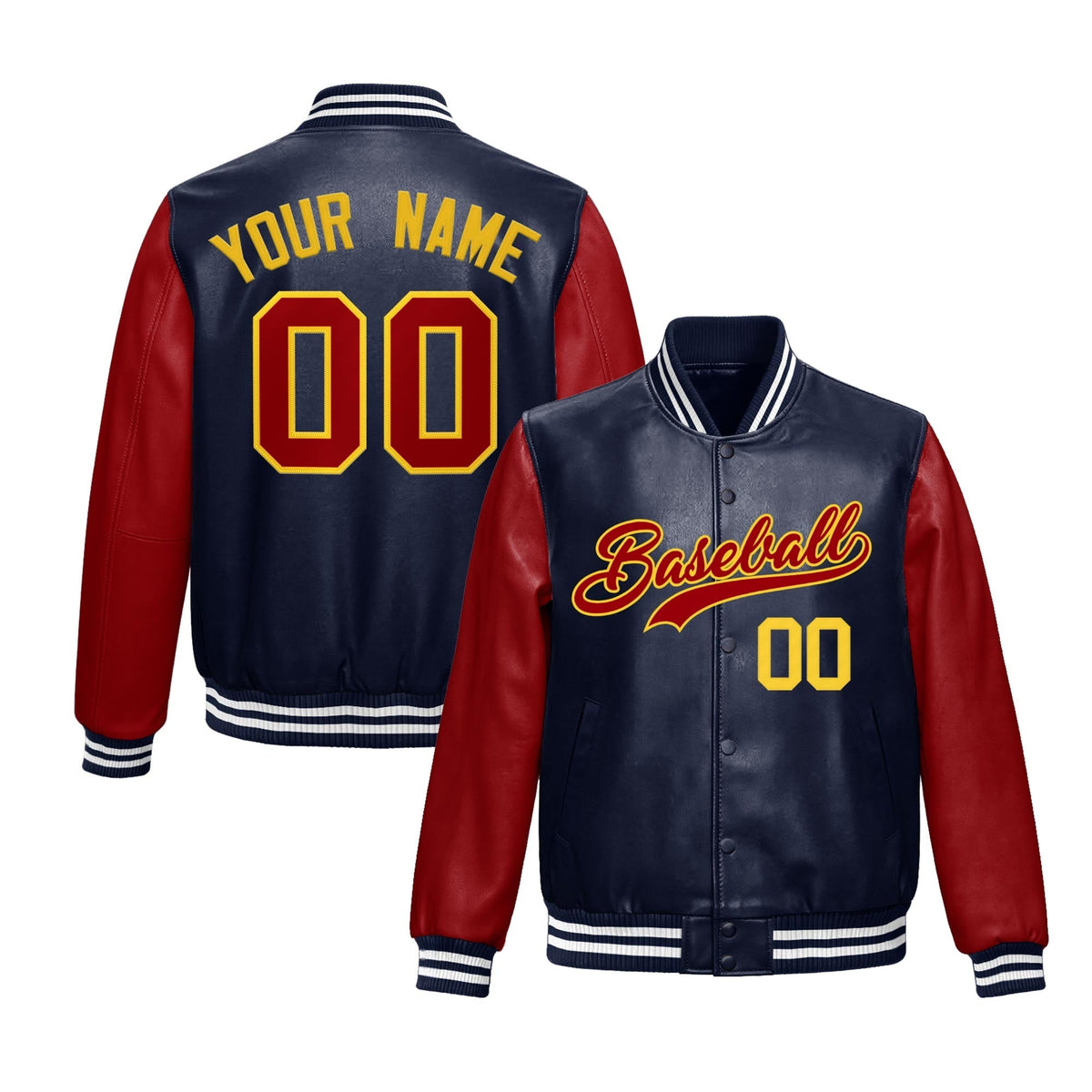 Custom Navy Red Gold Raglan Sleeves Full-Snap Varsity Faux Leather Letterman Jacket| KXKSHOP